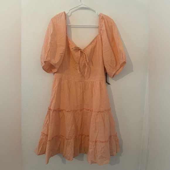 New York & Company Dresses & Skirts - New York & Co Peach Tiered Puff Sleeve Short Dress Textured Cotton NWT XXL